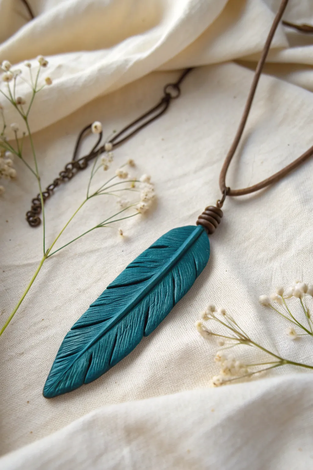 Matte feather-texture polymer clay drop pendant on linen, minimalist boho style in bold teal.