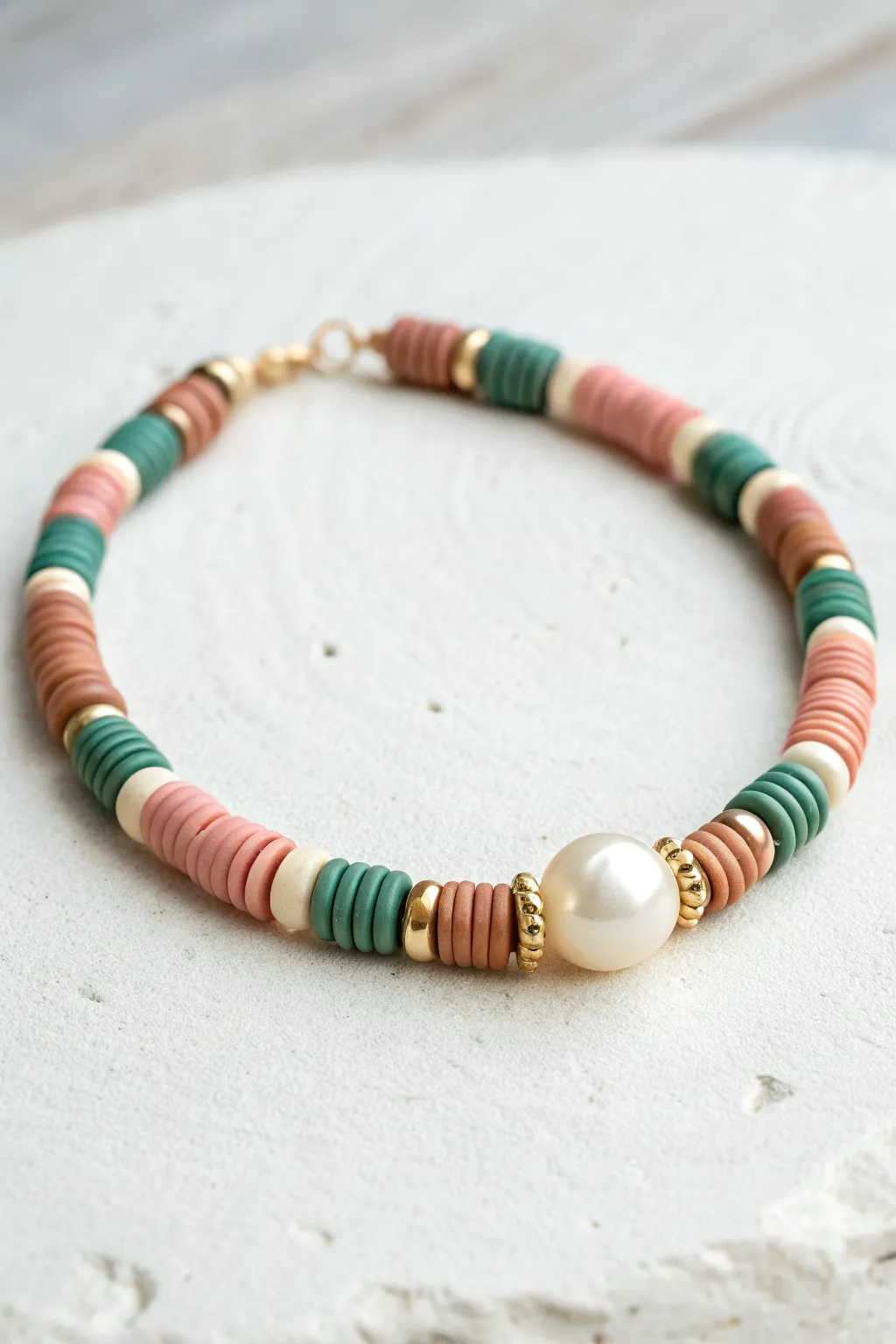 Single center bead spotlight: a clean heishi bracelet with pearl focal bead and balanced colors.