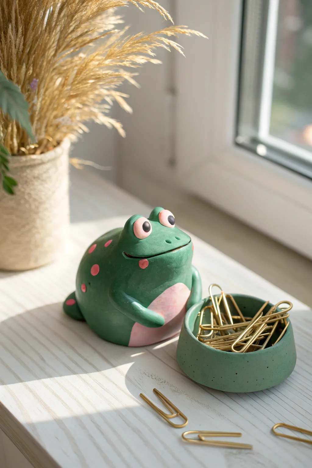 Cute frog polymer clay desk organizer that keeps paper clips tidy in minimalist boho style.