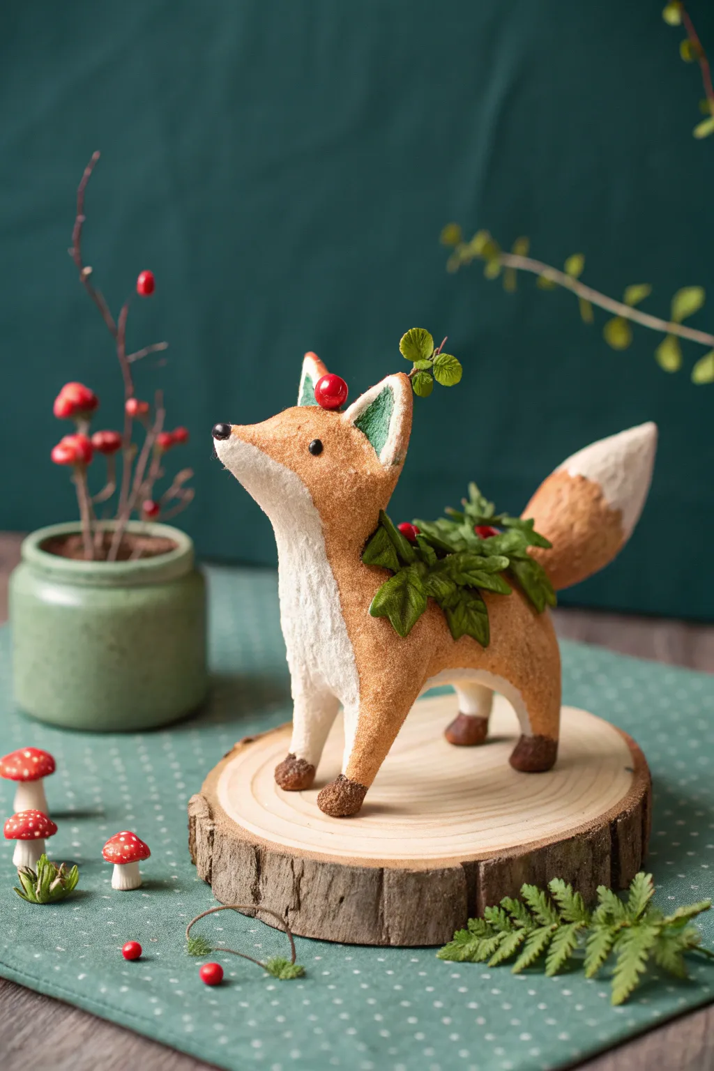 Polymer clay forest guardian fox with leafy back, tiny mushrooms, and soft moss texture