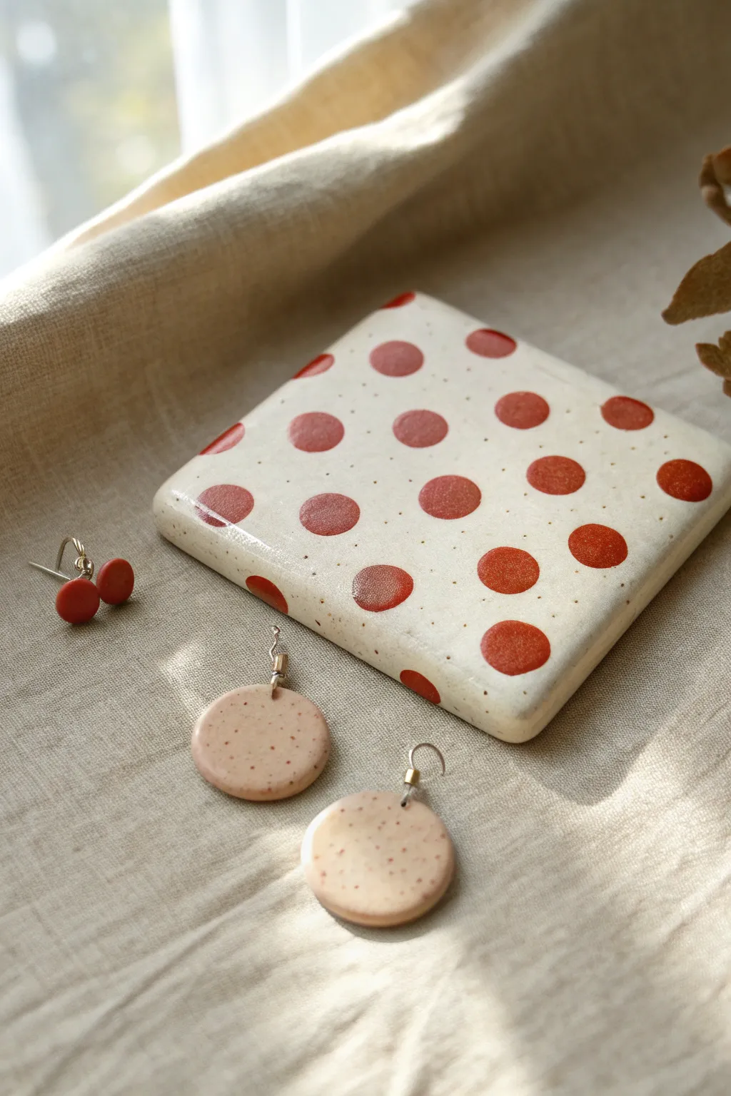 Raised polka dot polymer clay slab with bold contrast and simple earrings, minimalist boho vibes