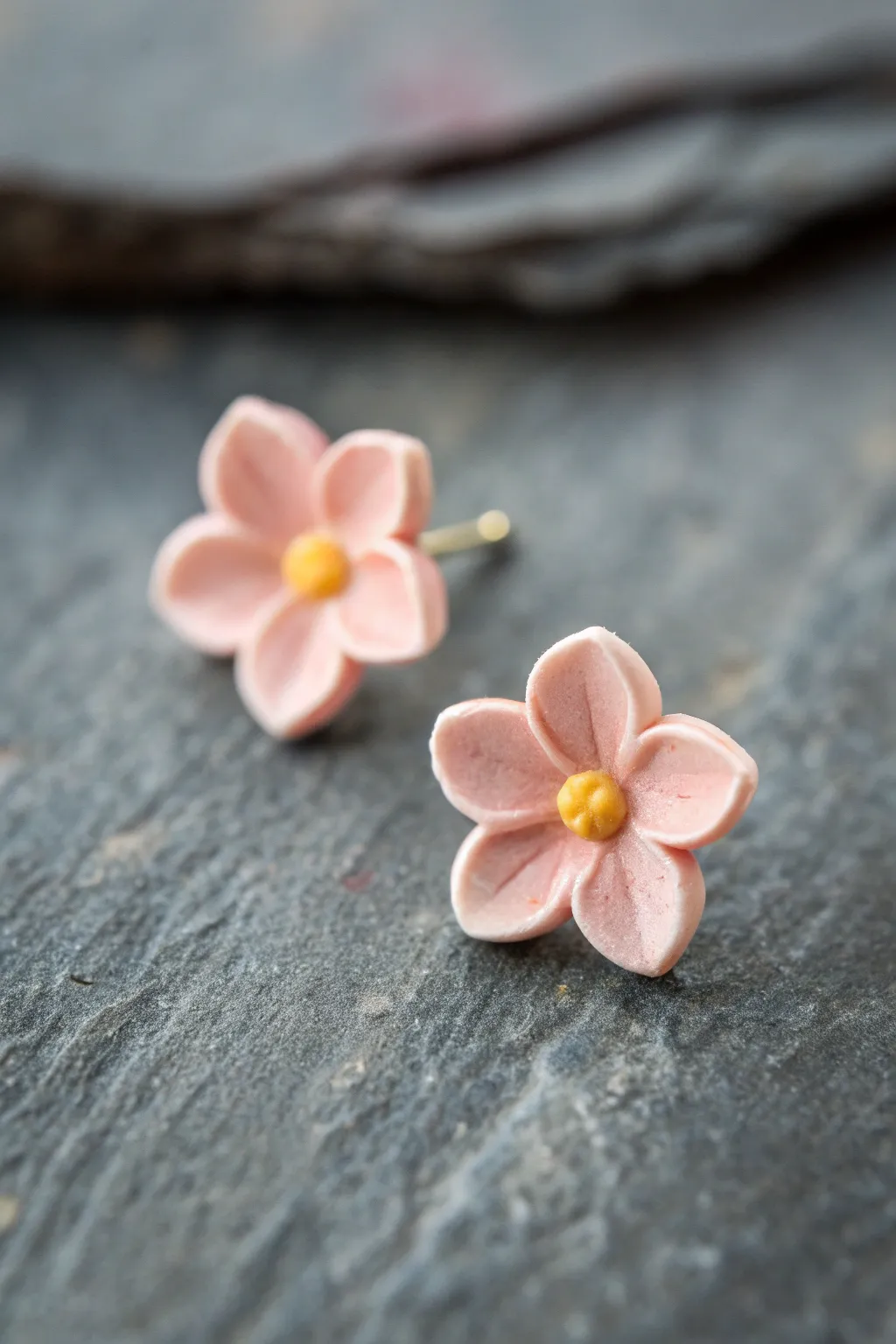 Tiny five petal polymer clay flower studs with petal detail in blush and mustard tones