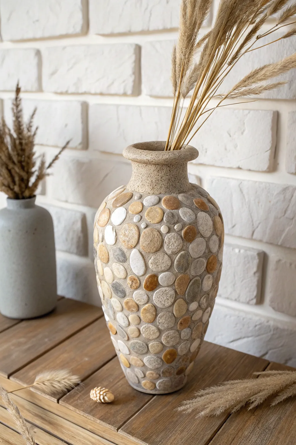 Rustic faux stone polymer clay pebble vase with dried grasses, Scandinavian boho calm.