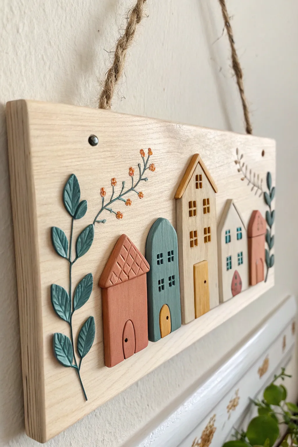 Whimsical tiny house plaque in polymer clay, minimalist boho wall decor with bold, cozy color pops.