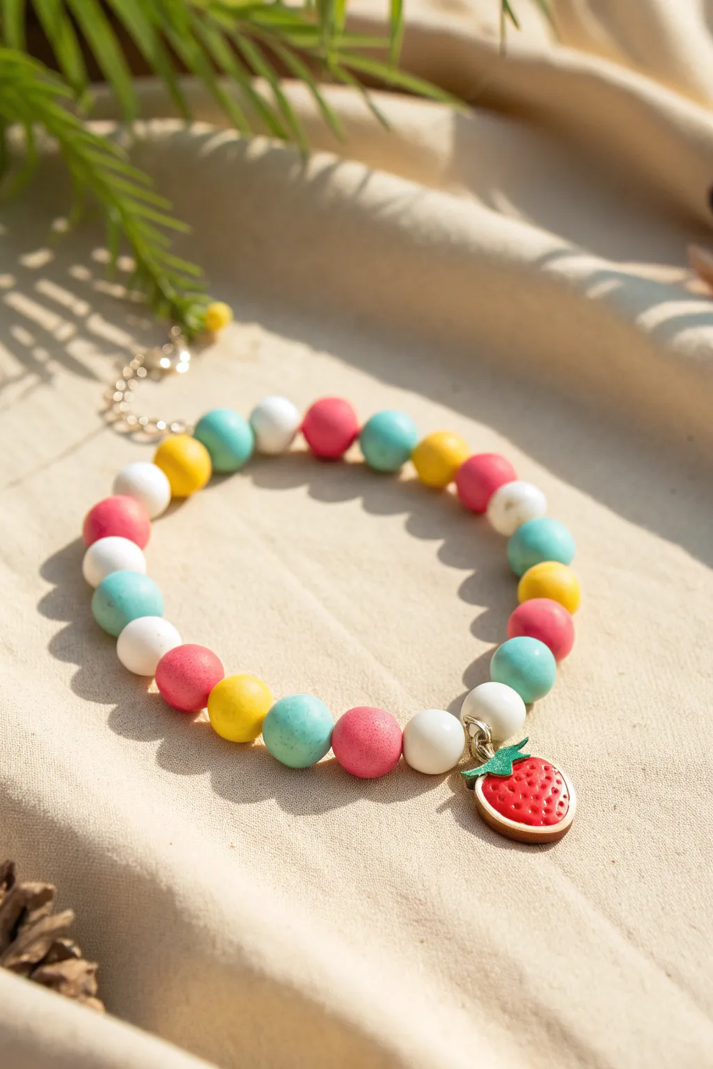 Bright clay bead bracelet with a tiny fruit charm, perfect for a sunny, boho summer vibe.