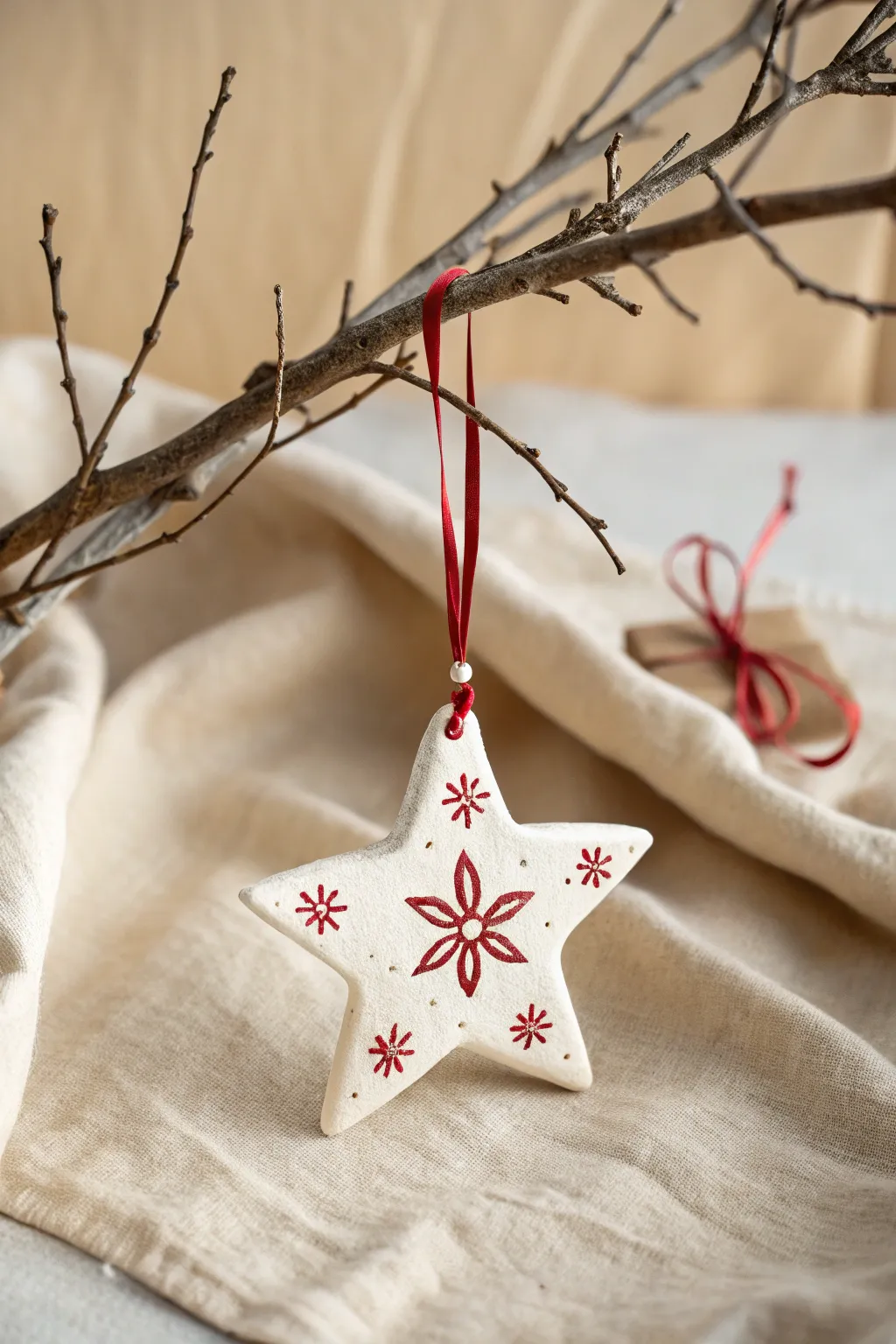 Icy white porcelain star ornament with bold red accents for a minimalist holiday touch.