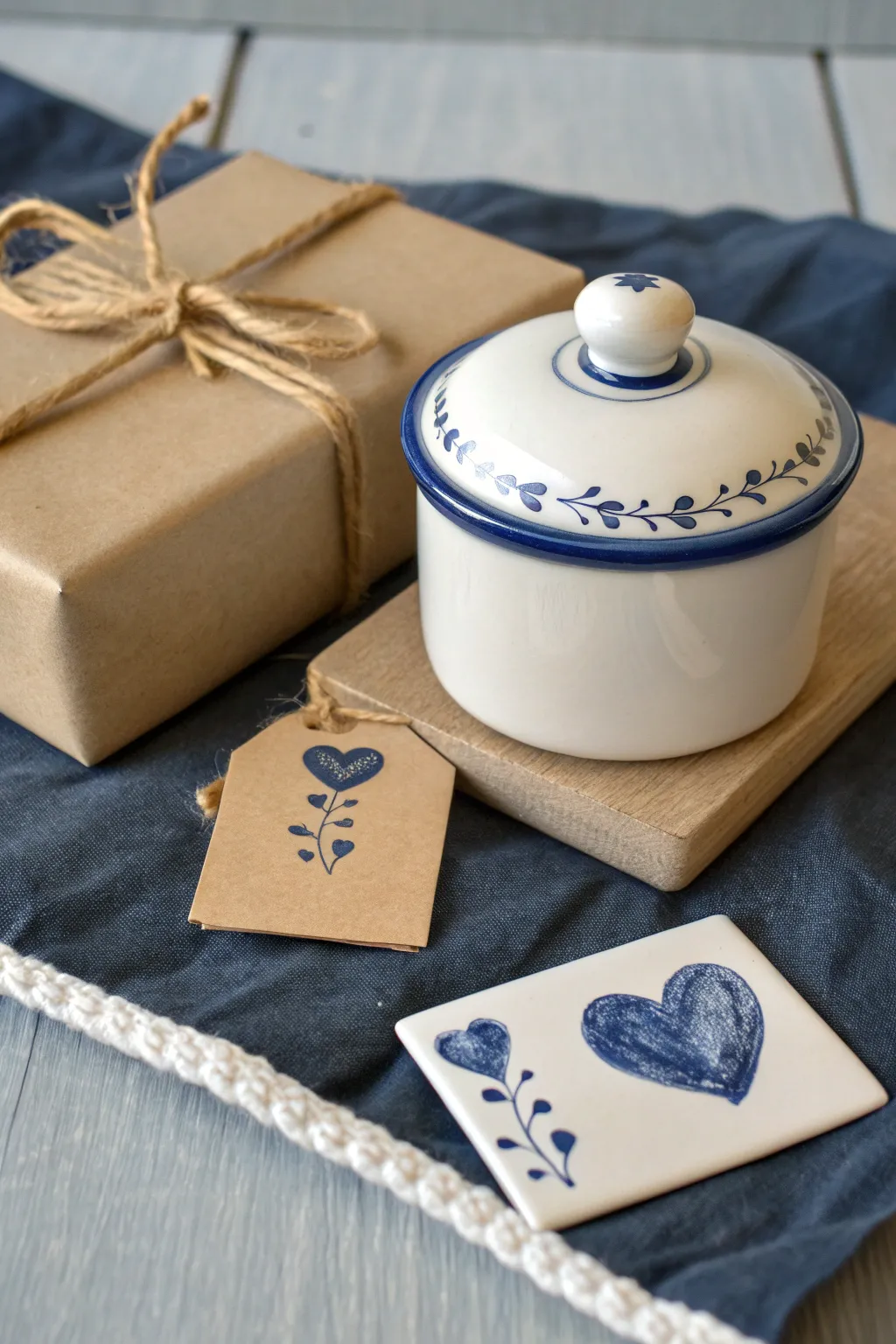 Elegant porcelain keepsake box gift set with matching love note tile, twine wrap, and bold glaze.