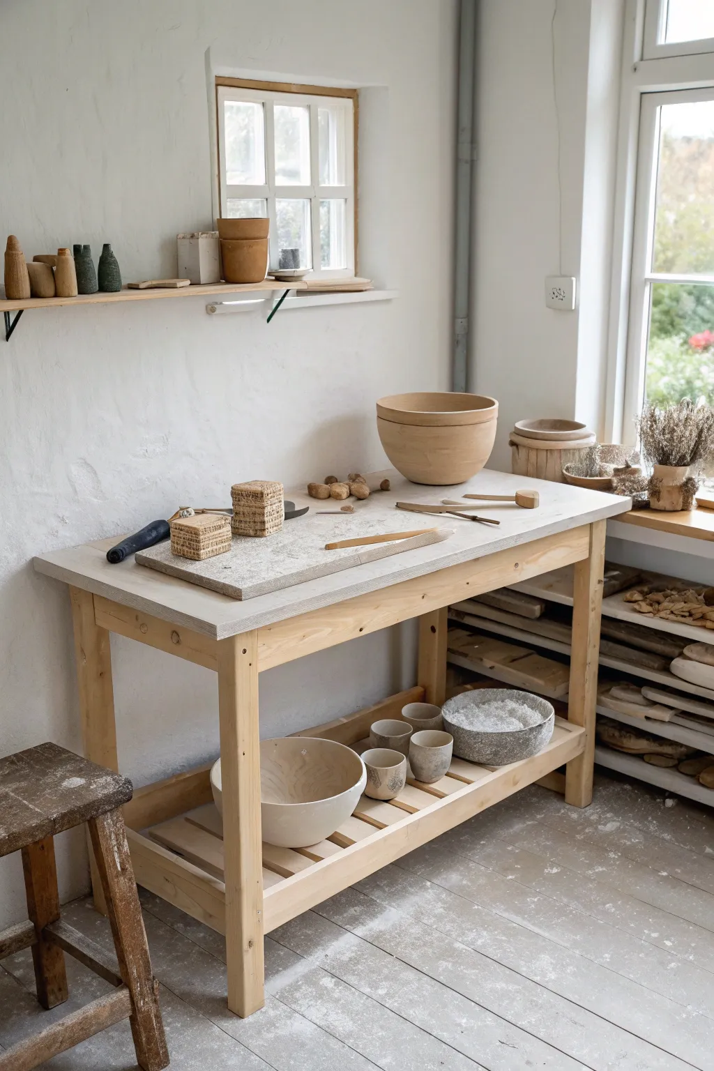 L-shaped potters bench with wedging and decorating zones, clean tool stations, and queued pieces