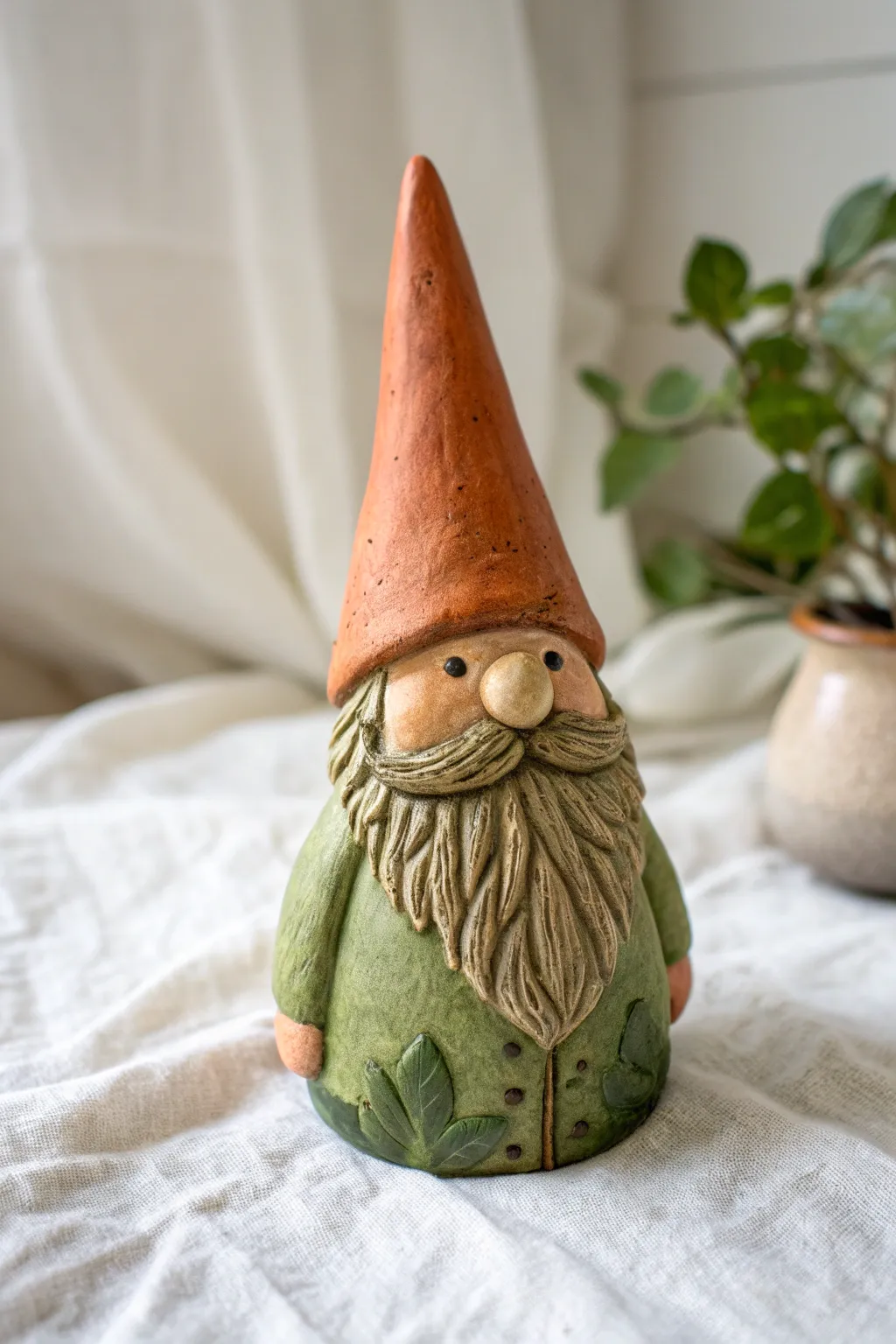Woodland clay gnome with leafy beard in moss greens, minimalist Scandinavian style with boho warmth.