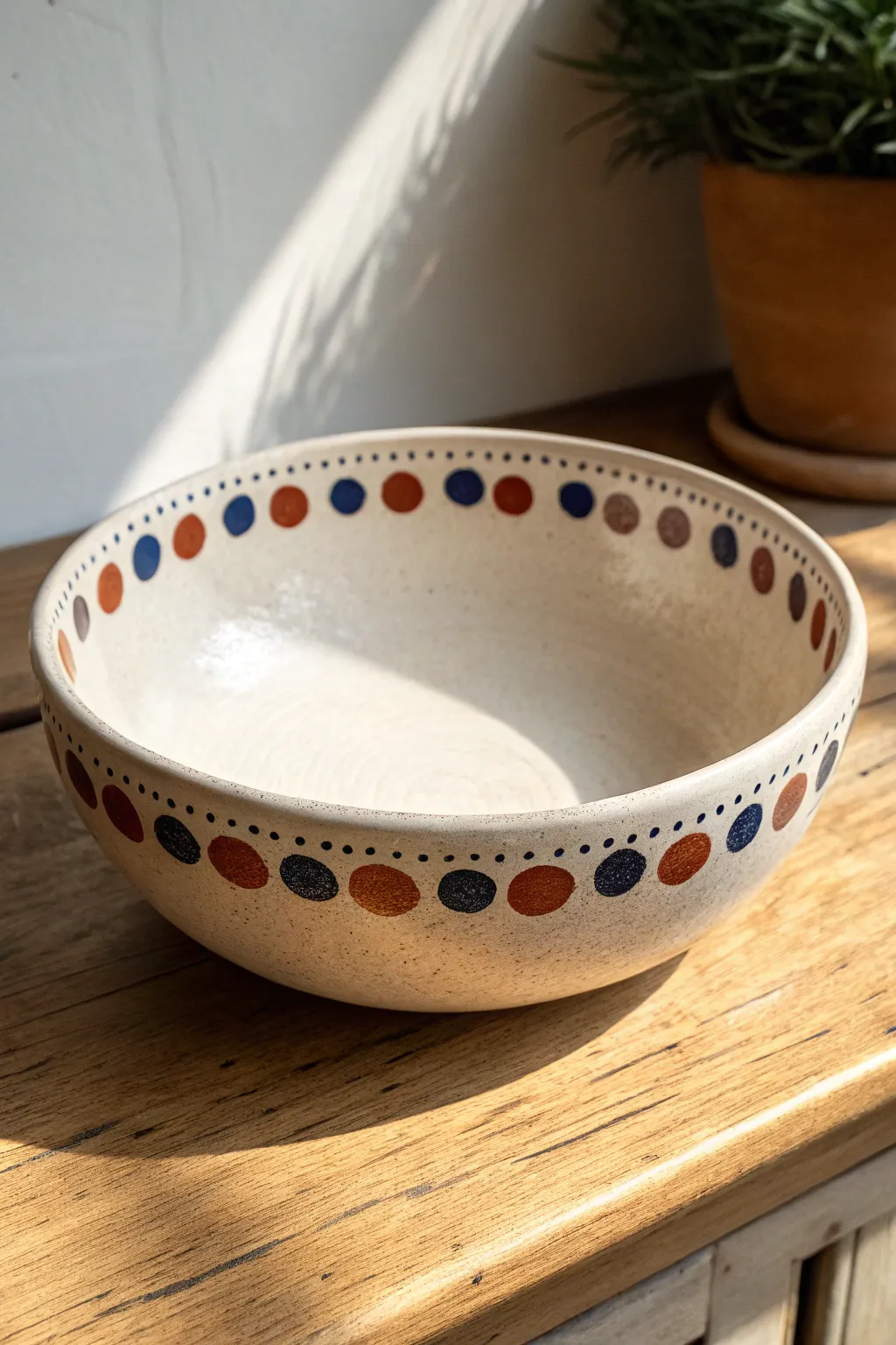 Minimalist bowl with dot mandala rim, simple center, bold color and handmade charm.