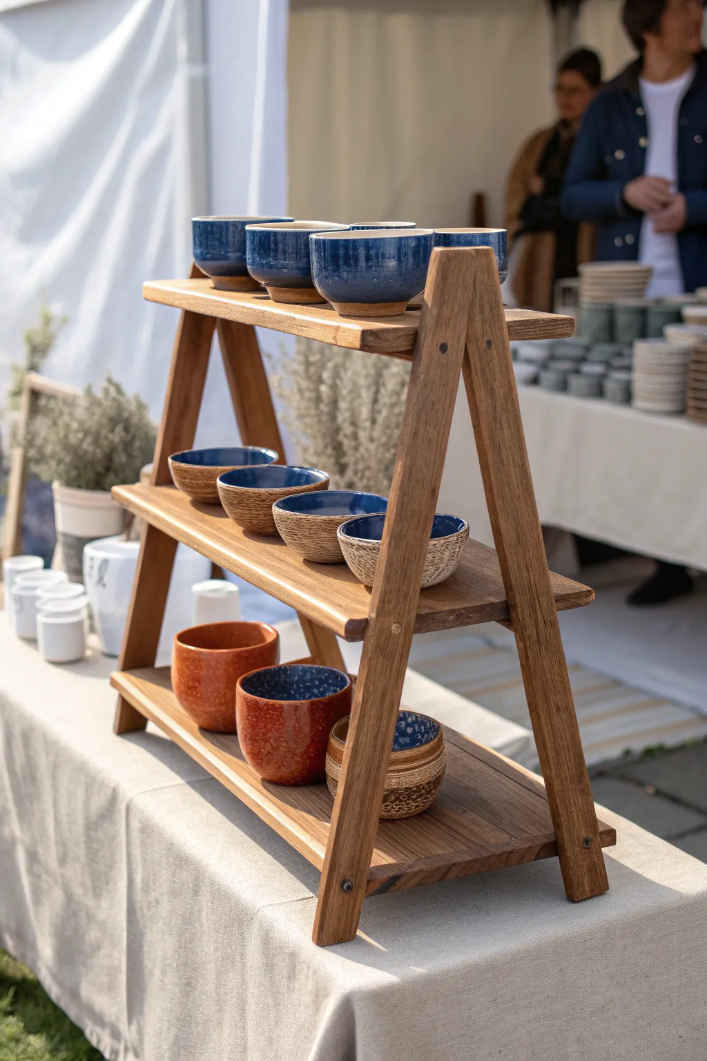 Simple tiered risers make every mug and bowl visible, tidy, and easy to shop at a market table