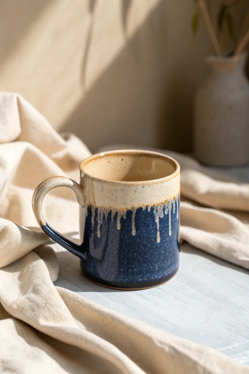 Juicy layered drips: deep indigo mug with creamy melt rim, bold yet minimal glaze inspo.