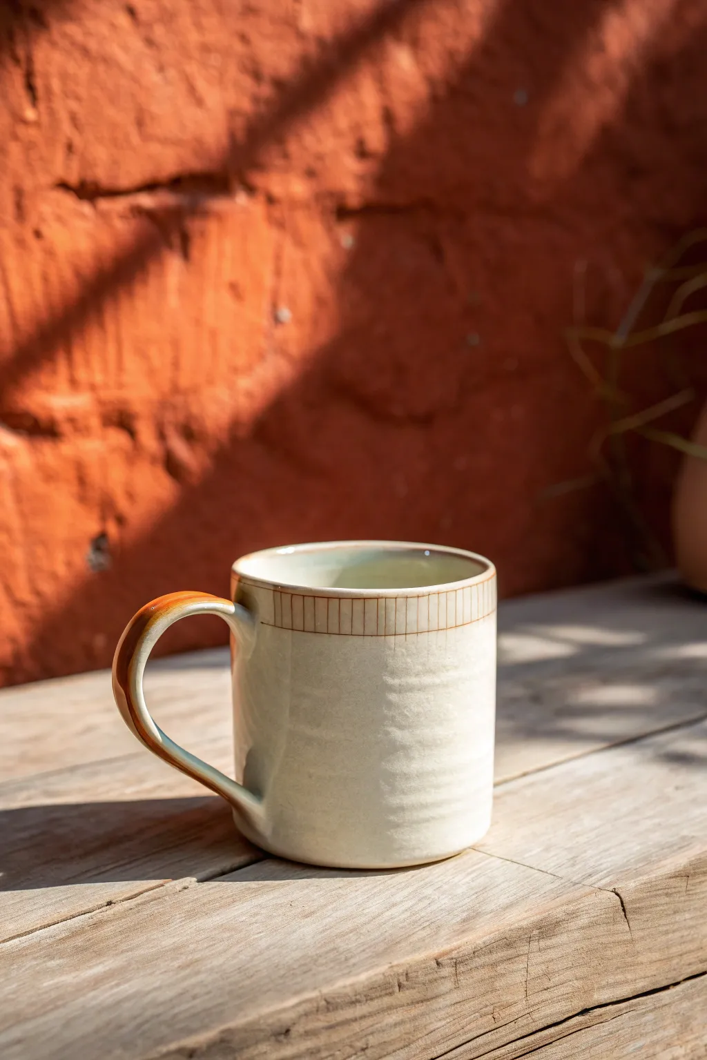 Minimalist mug with folded ribbon handle, soft seam detail, and a light glaze that pops.
