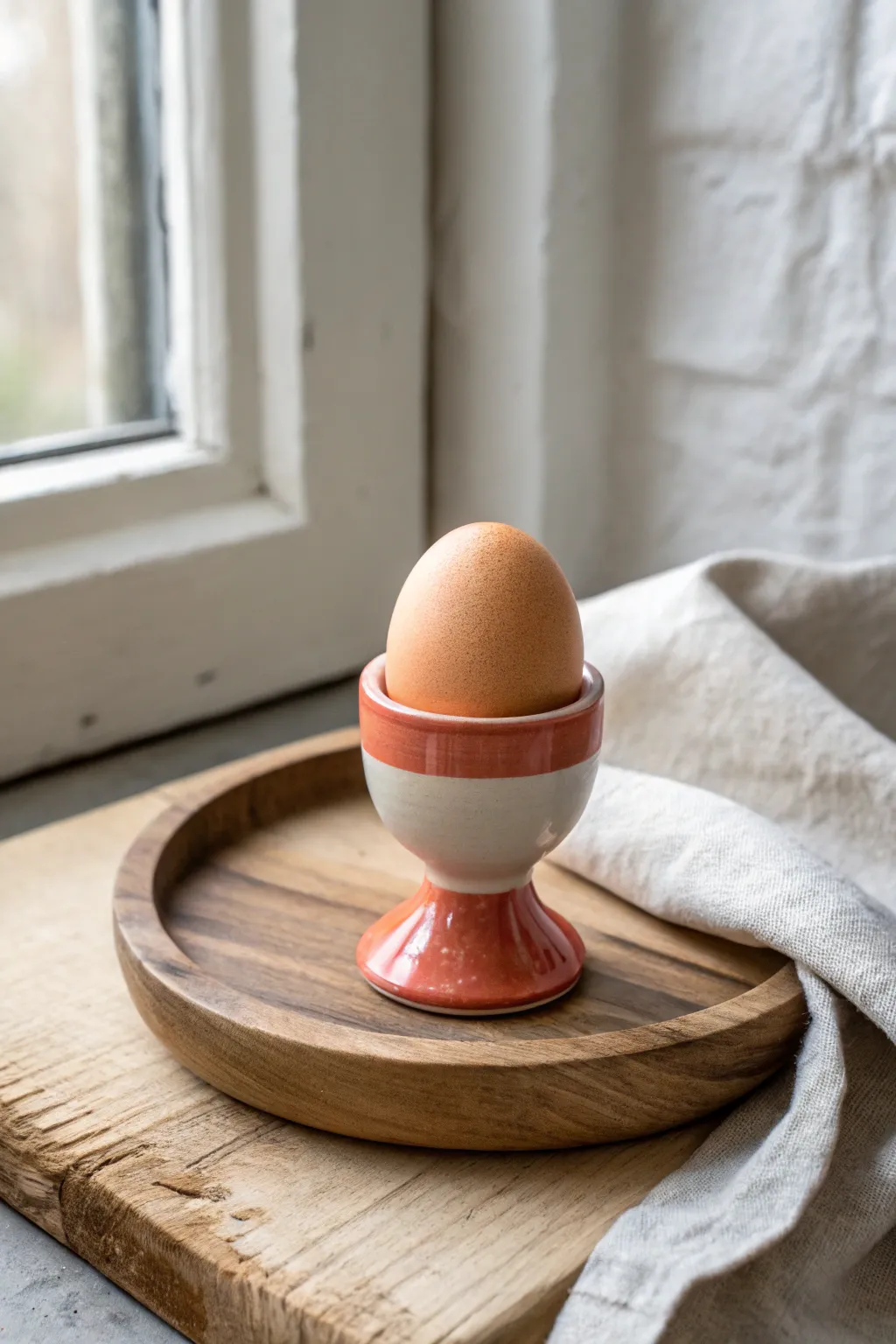 Beginner-friendly egg cup in bold coral glaze, styled simply for a calm Scandinavian breakfast vibe.