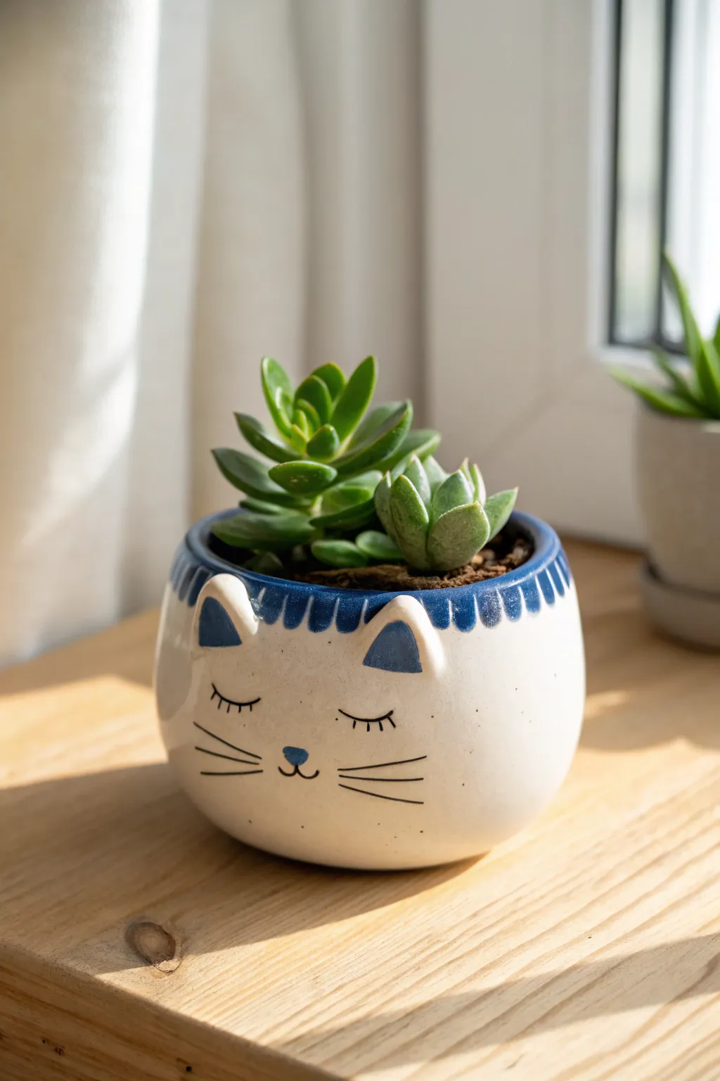 Chunky sleepy cat planter with a tiny succulent, a cute no wheel pottery idea for kids.