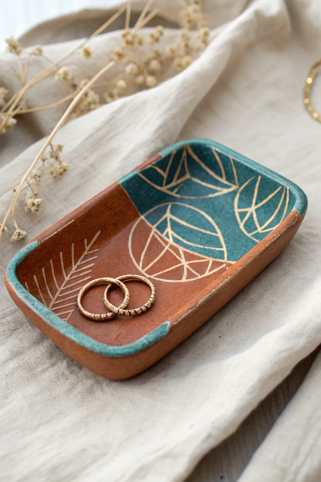 Bold teal sgraffito trinket tray with simple carved lines, perfect for rings and hair pins