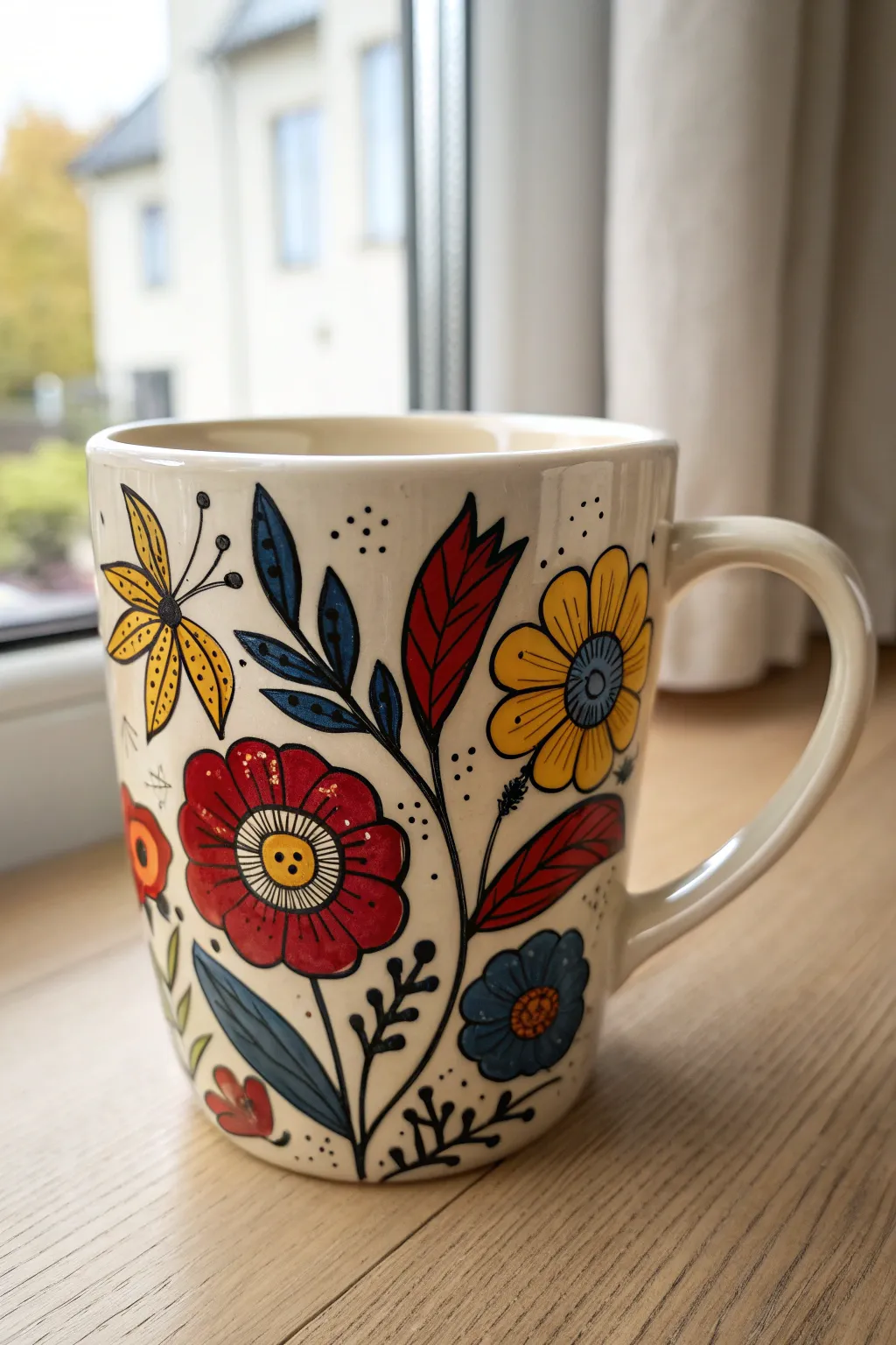 Bold folk floral mug with oilcloth vibes, graphic blooms and clean Scandinavian styling.