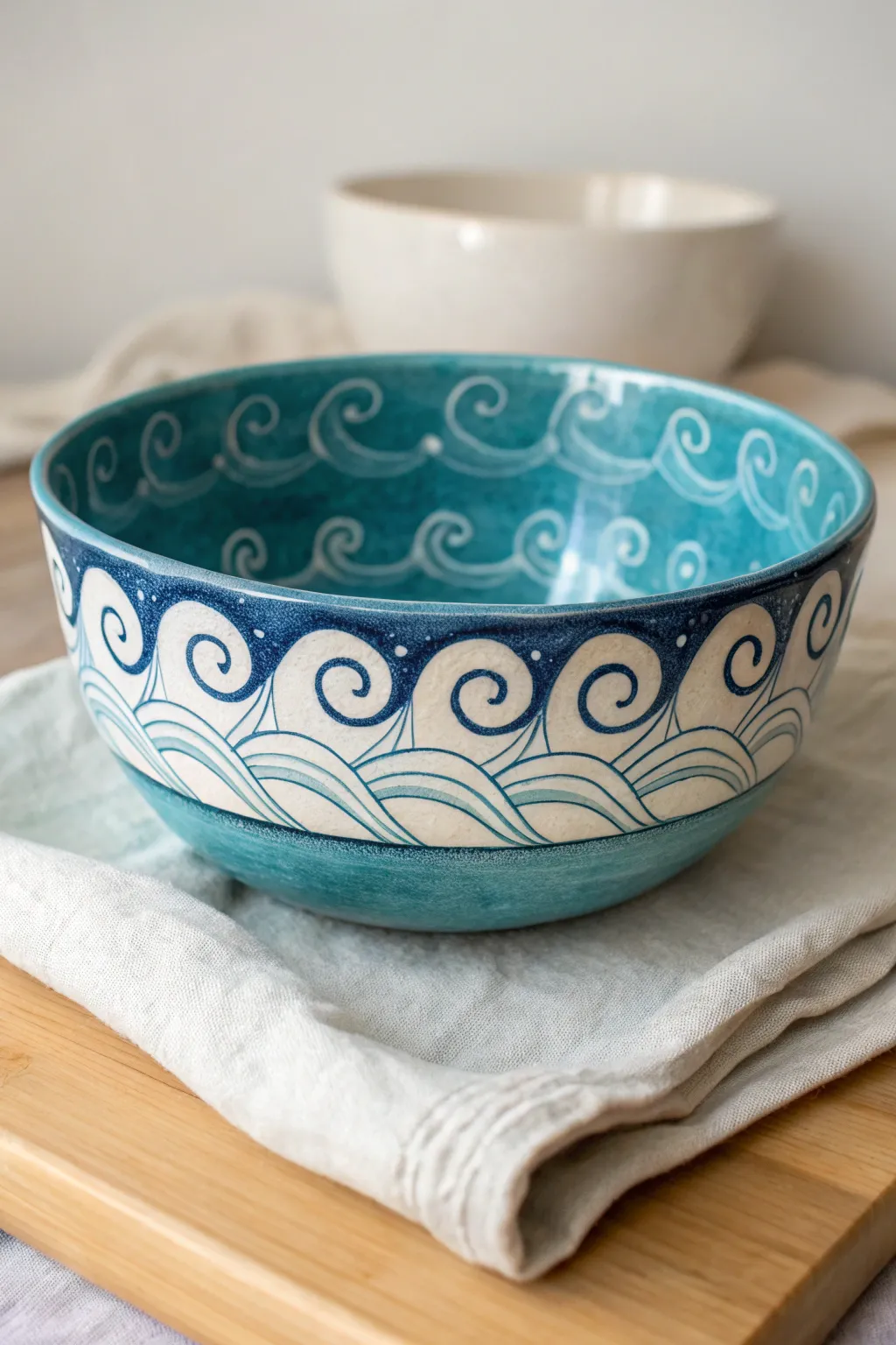 Ocean-wave swirls in two calming blues, a simple pattern that curves beautifully with the bowl.