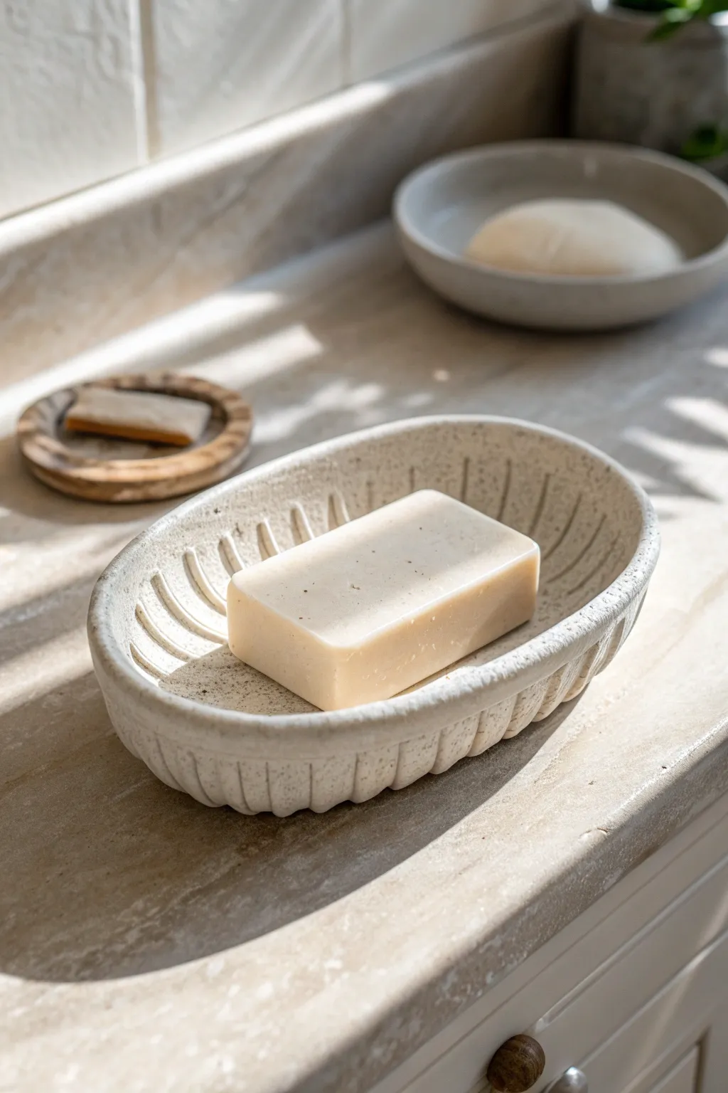 Minimalist handmade soap dish with drainage slots, styled in a bright, airy bathroom scene