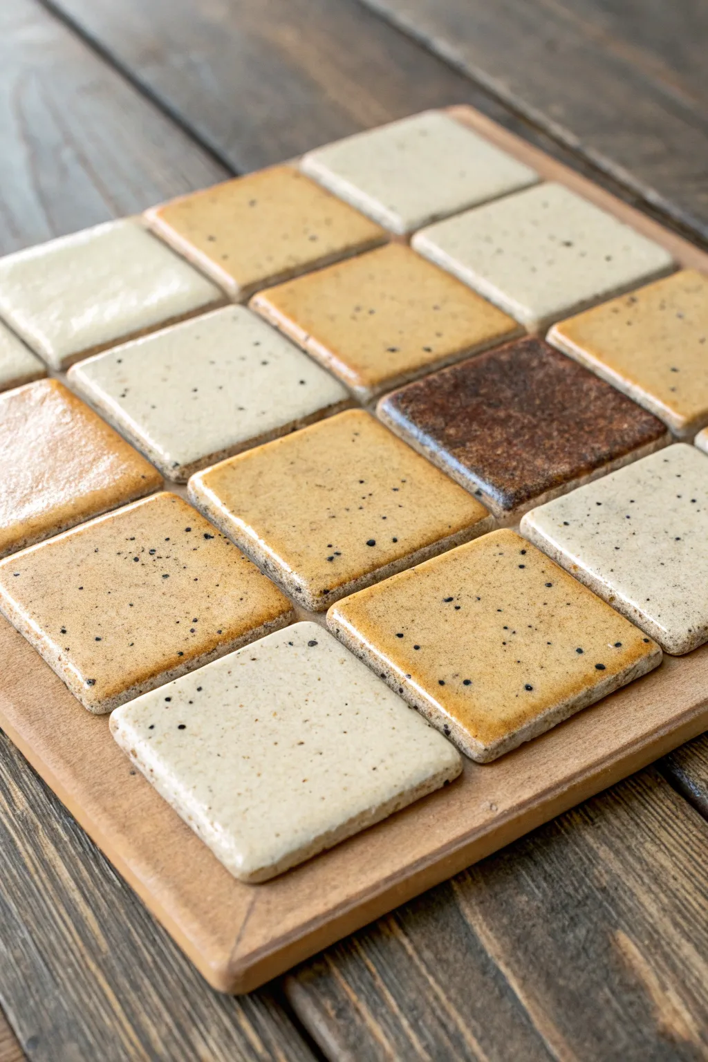 Speckled rustic farmhouse tiles with warm glossy glaze and dark edge breaks, simple boho styling