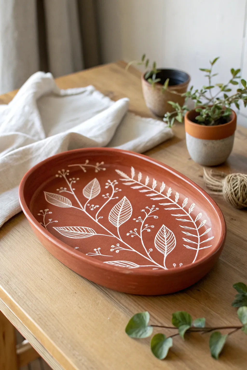 High-contrast sgraffito botanical tray in bold clay tones, calm Nordic styling with boho warmth