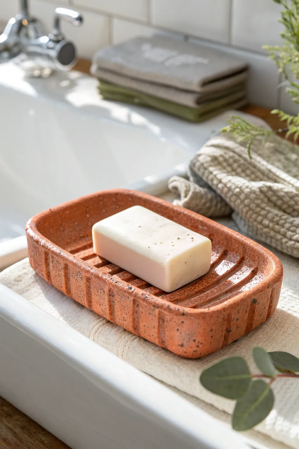 Minimal air-dry clay soap dish with drain ridges, bold color pop on a clean Scandinavian sink.