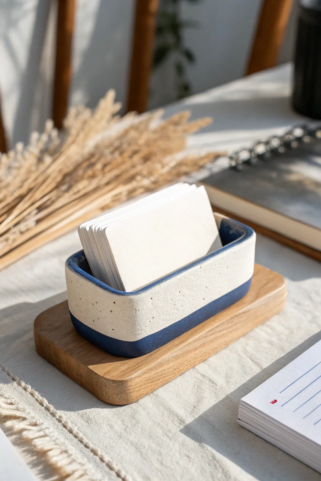Minimal clay business card holder in bold cobalt glaze, styled on a clean Nordic desk.