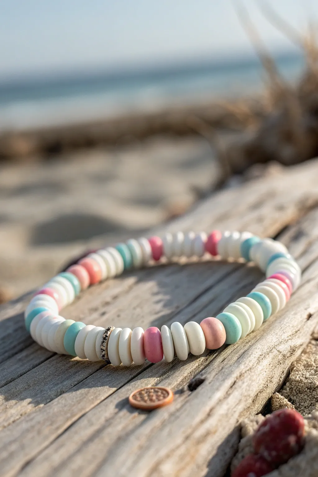 Preppy coastal charm: puka-style shells and pastel clay discs in one easy summer bracelet.