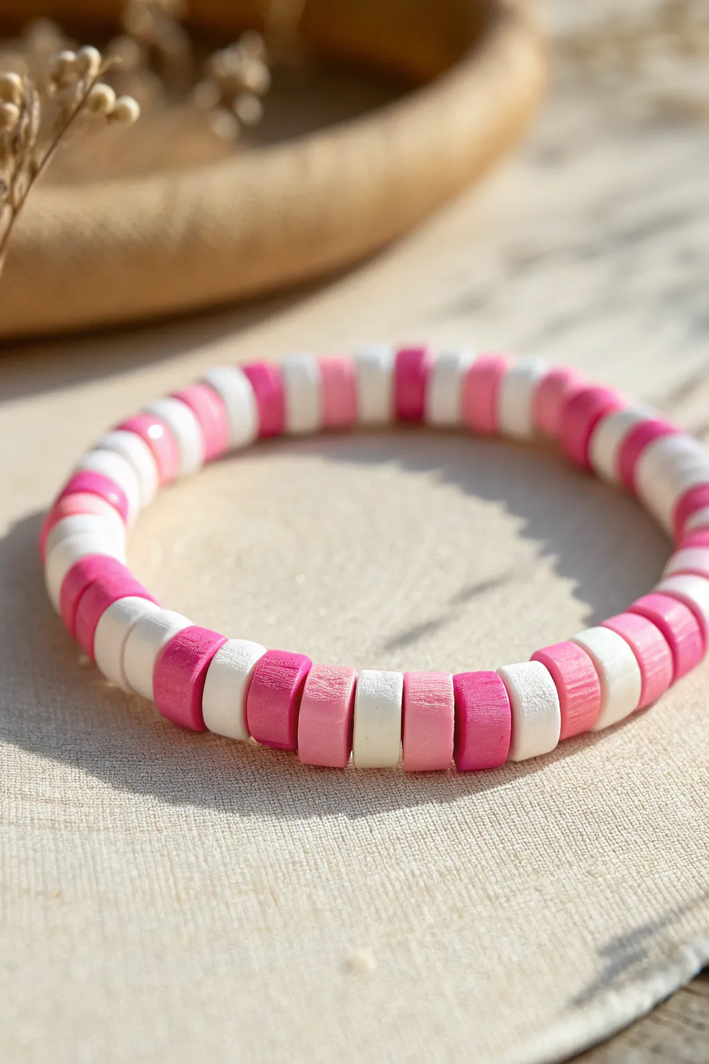 Checkerboard-inspired pink and white clay bead bracelet, styled in a simple coil for preppy vibes.