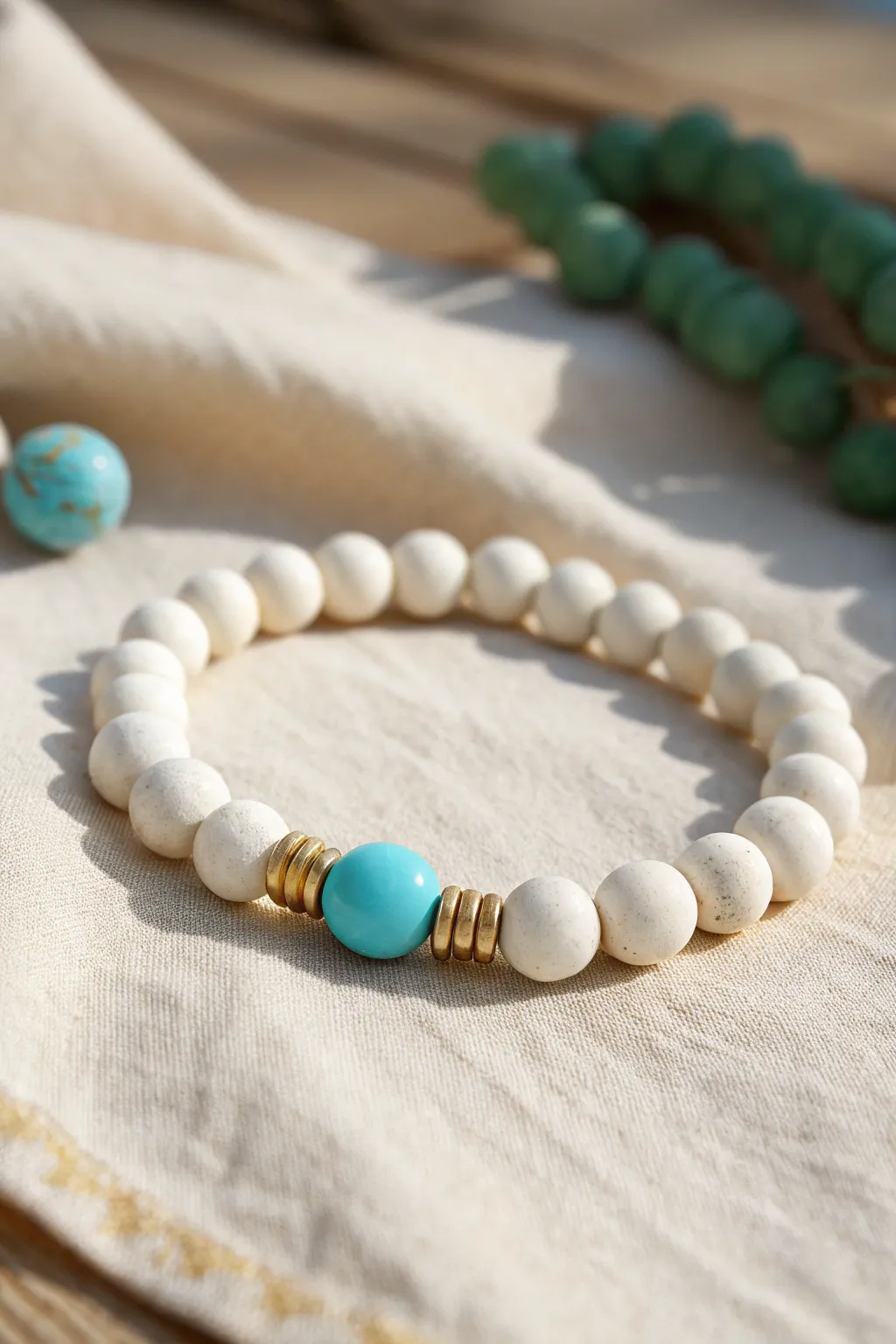 Monochrome clay bead bracelet with a turquoise punch segment and gold spacers for contrast.