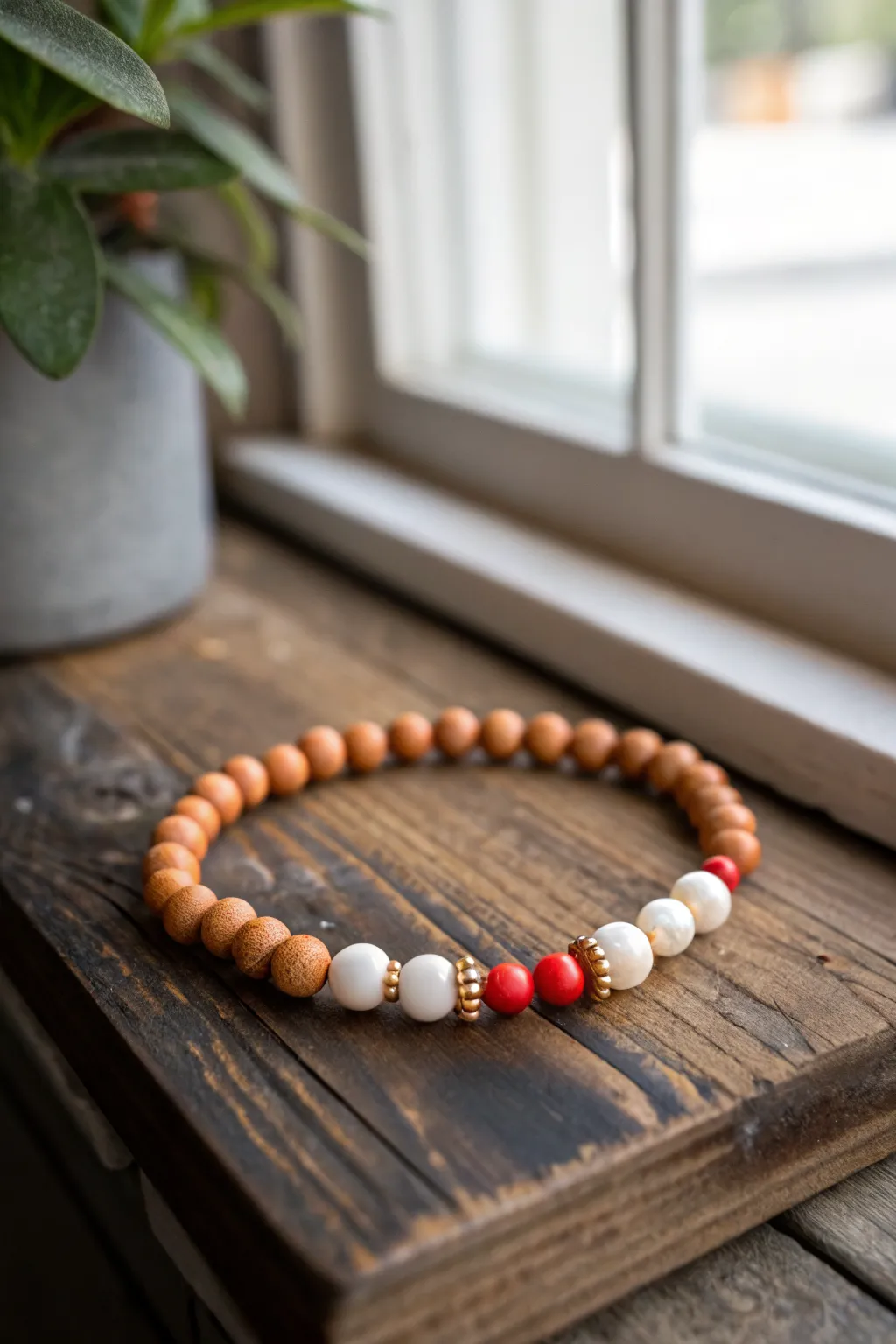 Gingerbread neutrals with crisp white and a bold pop of red, finished with delicate gold spacers