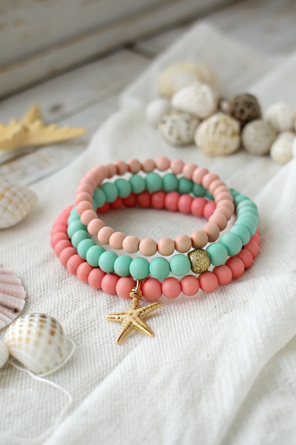 Coral and seafoam clay bead charm stack with a tiny starfish accent for a preppy summer vibe.