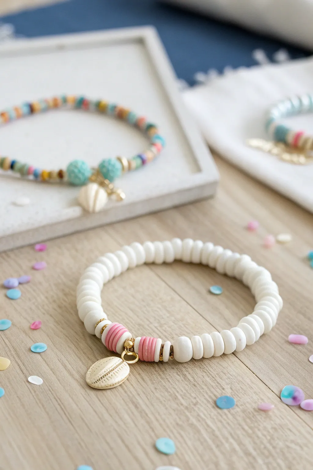 Beachy preppy bracelet with a shell charm, crisp white heishi beads, and soft pastel pops.