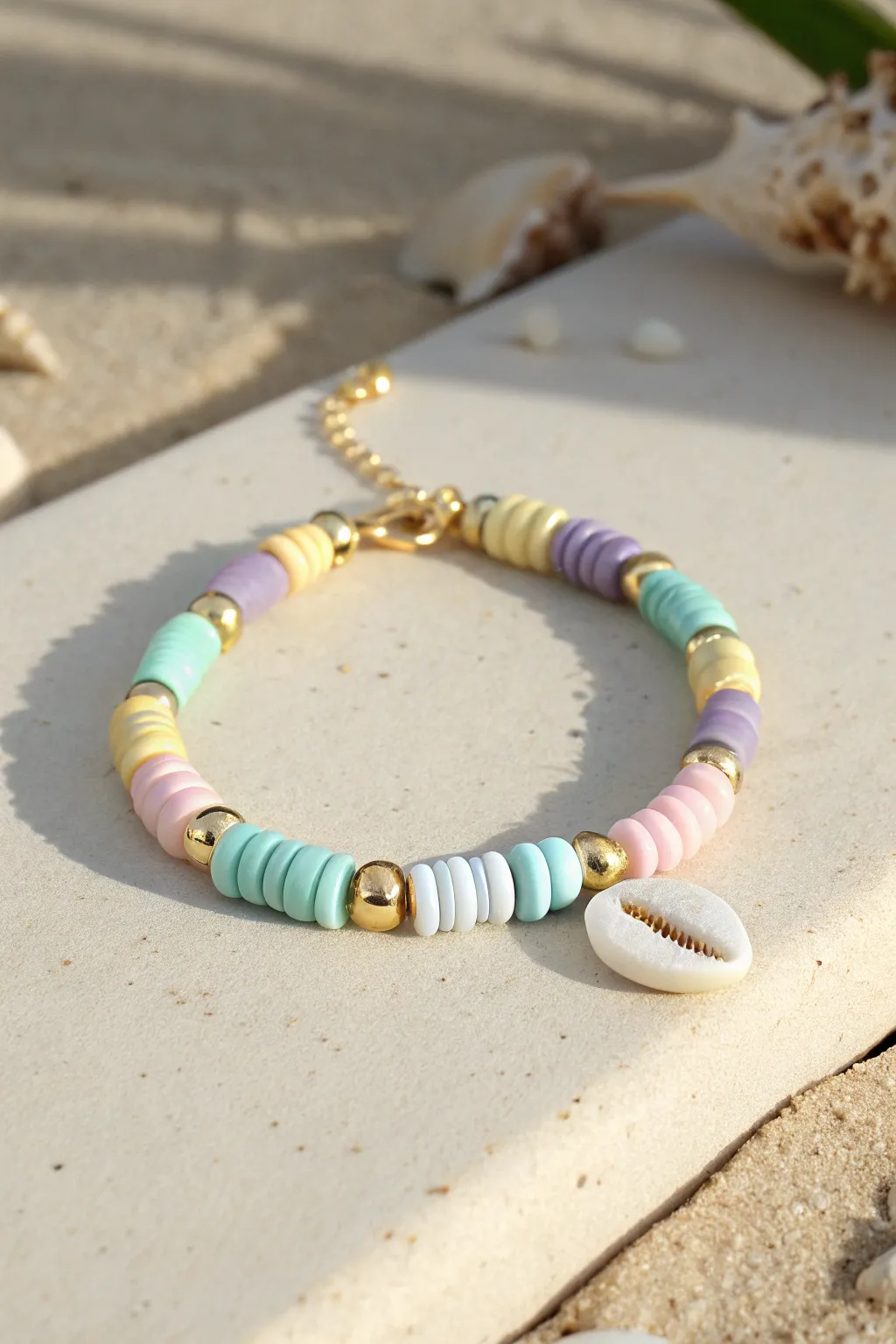 Pastel heishi bracelet with shell and gold spacers, a preppy coastal pop for sunny days.