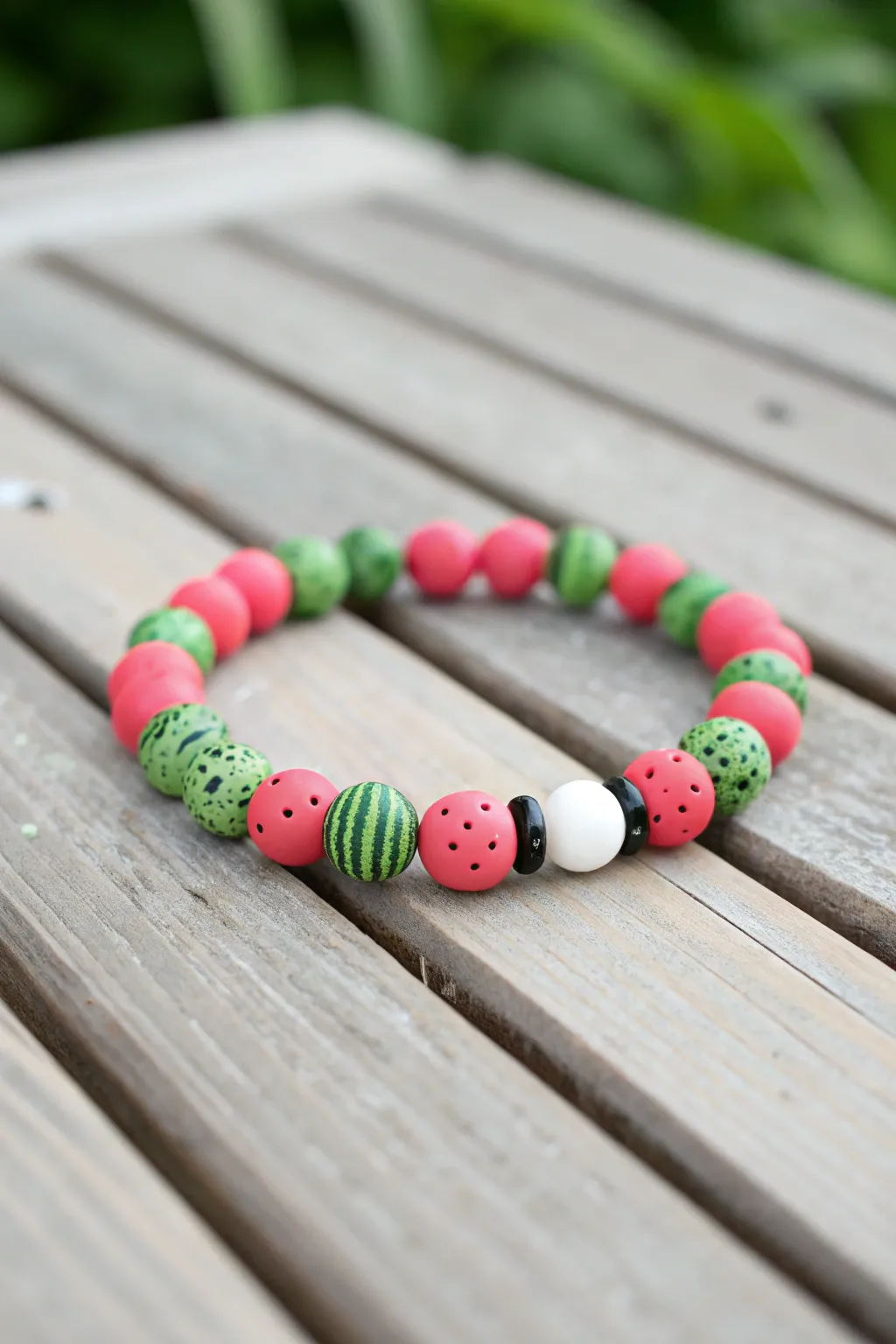 Watermelon-pink and leafy-green clay bead bracelet with crisp white and tiny black accents.