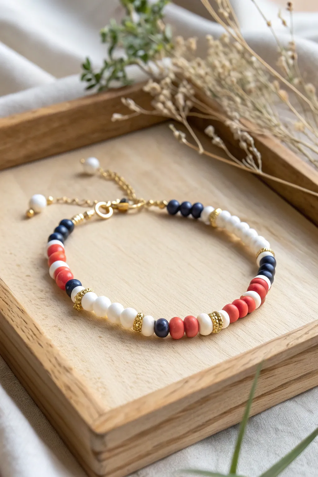 Pearls, bold clay discs, and gold spacers create a polished preppy bracelet with cute charm.