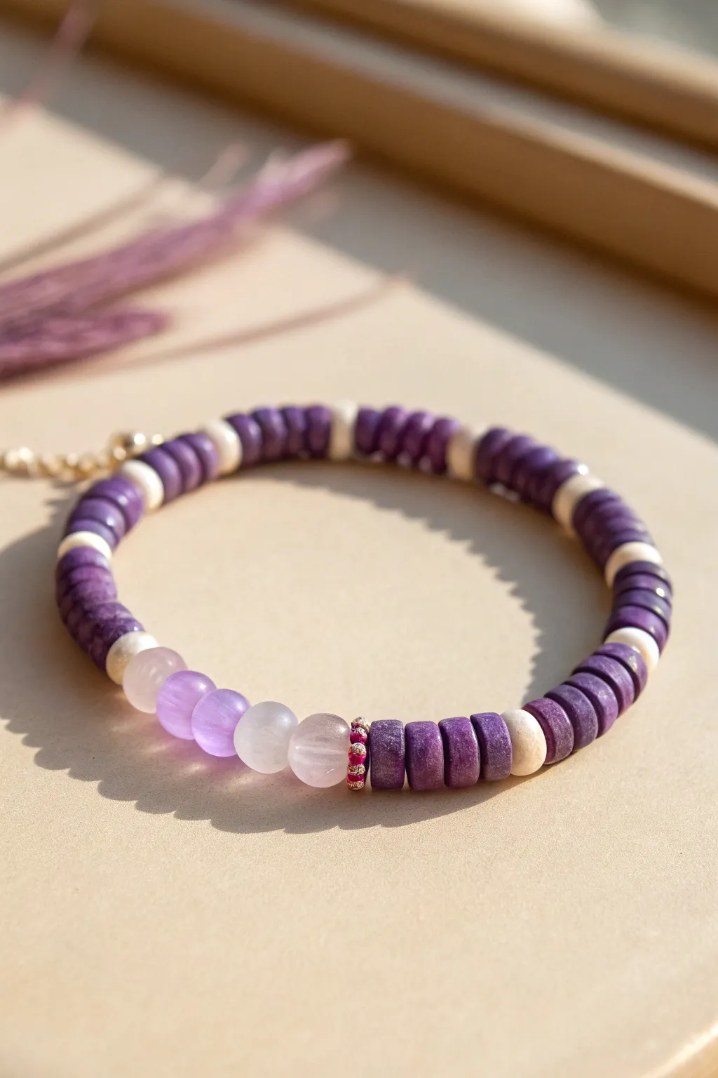 Amethyst-inspired purple clay heishi bracelet with translucent accents on a calm neutral backdrop.