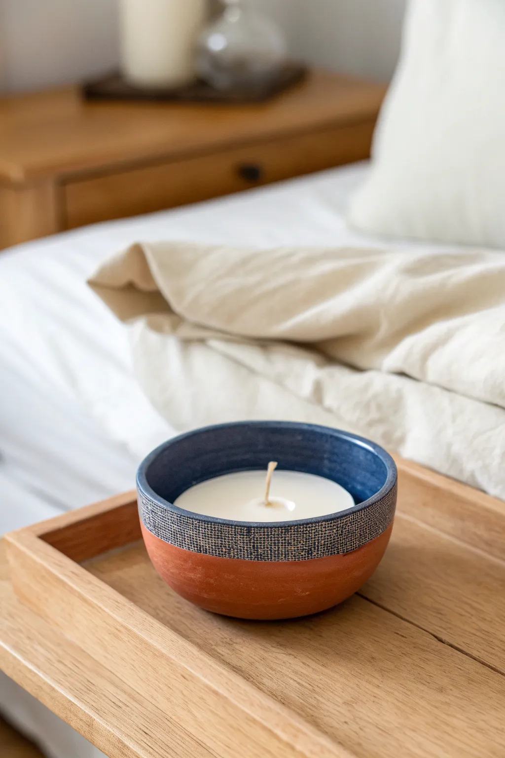 Minimal quick-dry clay tea light bowl in bold color, perfect for a cozy bedside glow
