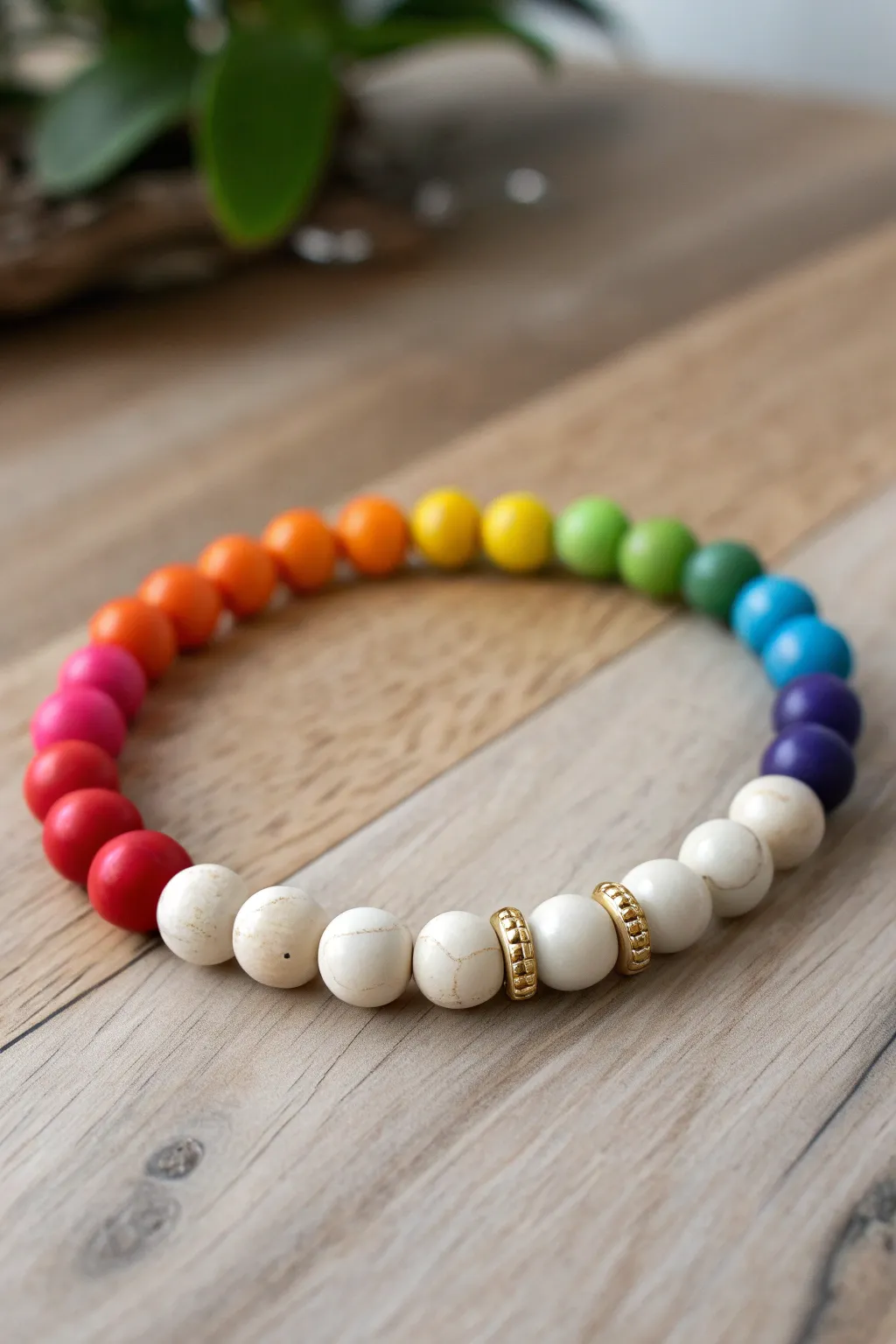 Half rainbow, half neutral clay bead bracelet on warm wood for a clean Scandinavian boho look