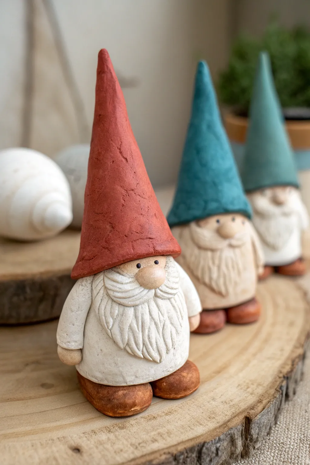 Minimal clay gnomes with oversized textured hats, cozy Scandinavian boho style with bold contrast