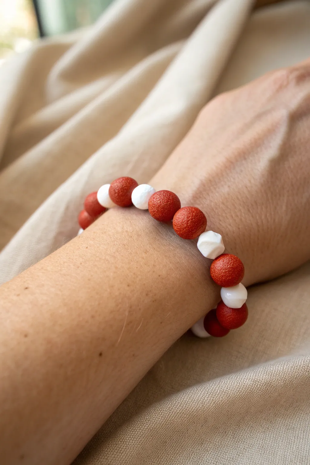Modern red clay bracelet with crisp white end caps, minimalist color-block style.