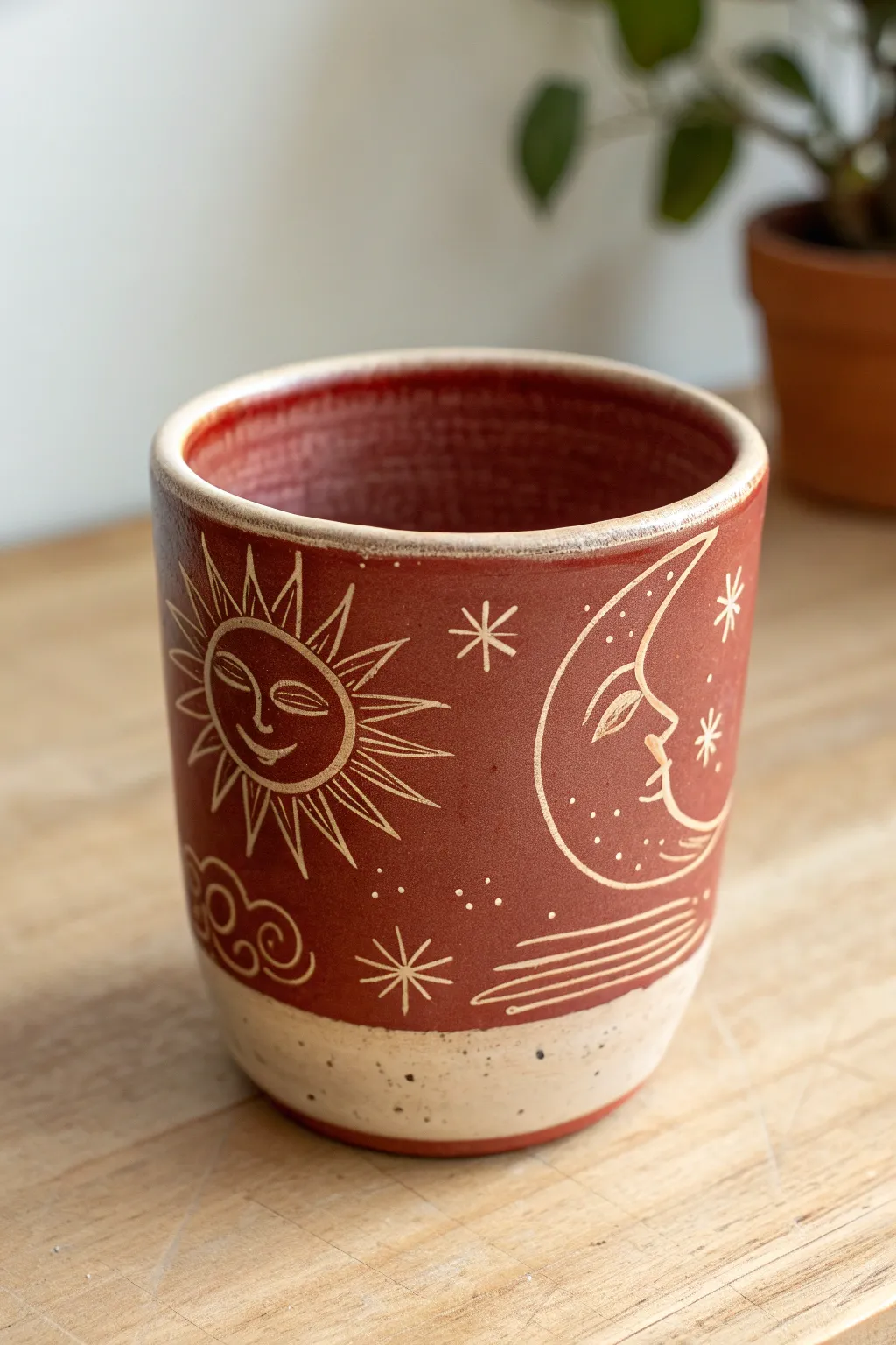 Minimal sgraffito line art on a red clay cup with sun and moon motifs, bold yet simple