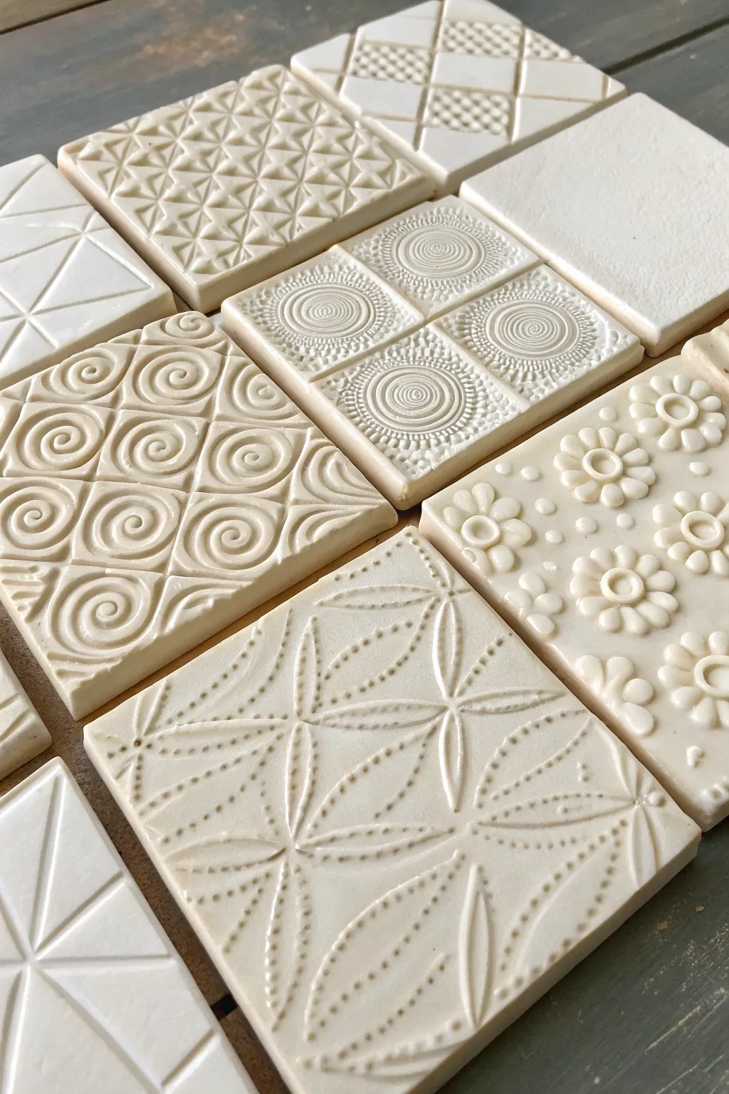 Mini stamped relief tiles in varied patterns, a simple texture library for your next ceramic project.