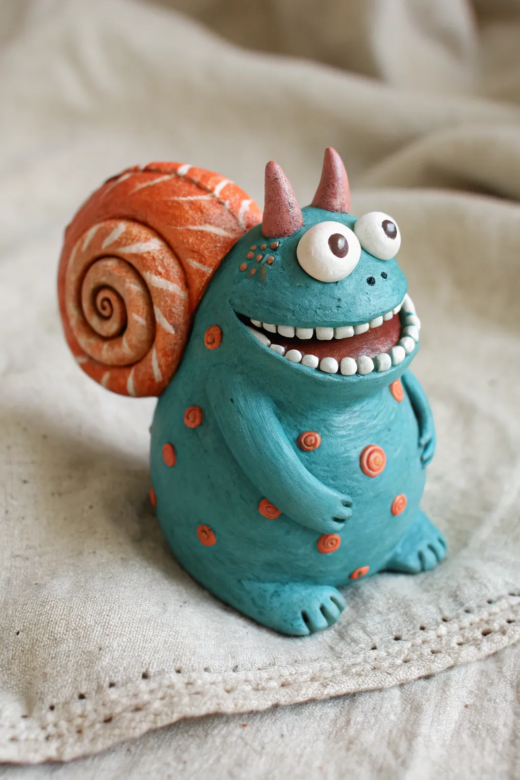 Snail-backed night beast: cute spiral shell, bold color pop, and a toothy grin today