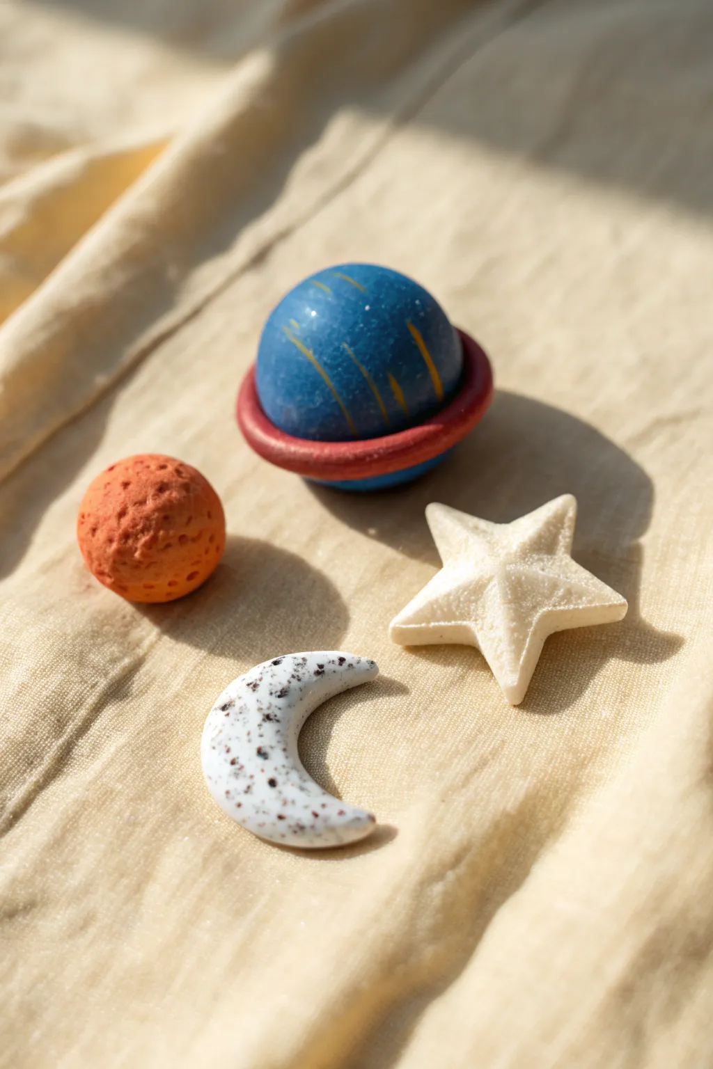 Beginner Sculpey minis: ringed planet, star, and crescent moon in bold Scandinavian tones.