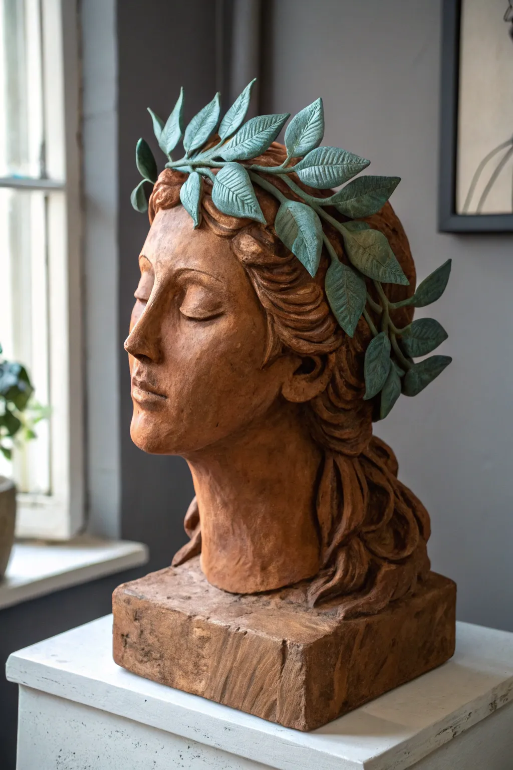 Whimsical Mother Nature clay bust with branch hair, earthy tones, moody minimalist styling.