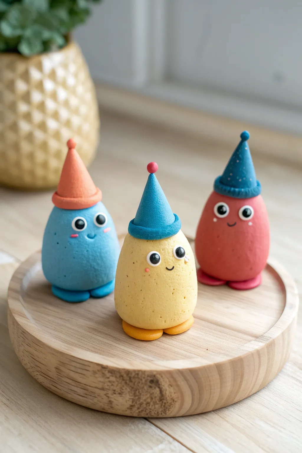 Mini clay creatures in ridiculous tiny hats, a chic Scandinavian boho photo that sparks laughter