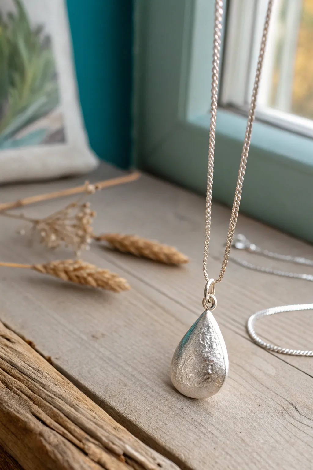 Seed pod drop pendant in silver clay, rustic texture on warm wood for minimalist boho vibes.