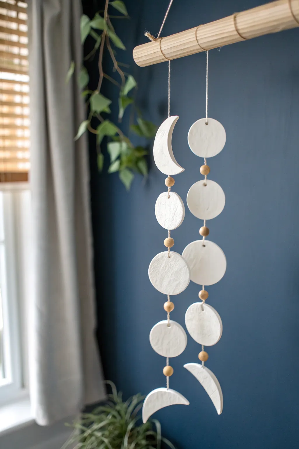 Minimal moon phase mobile in white air-dry clay, a calm Scandinavian boho accent for any room.