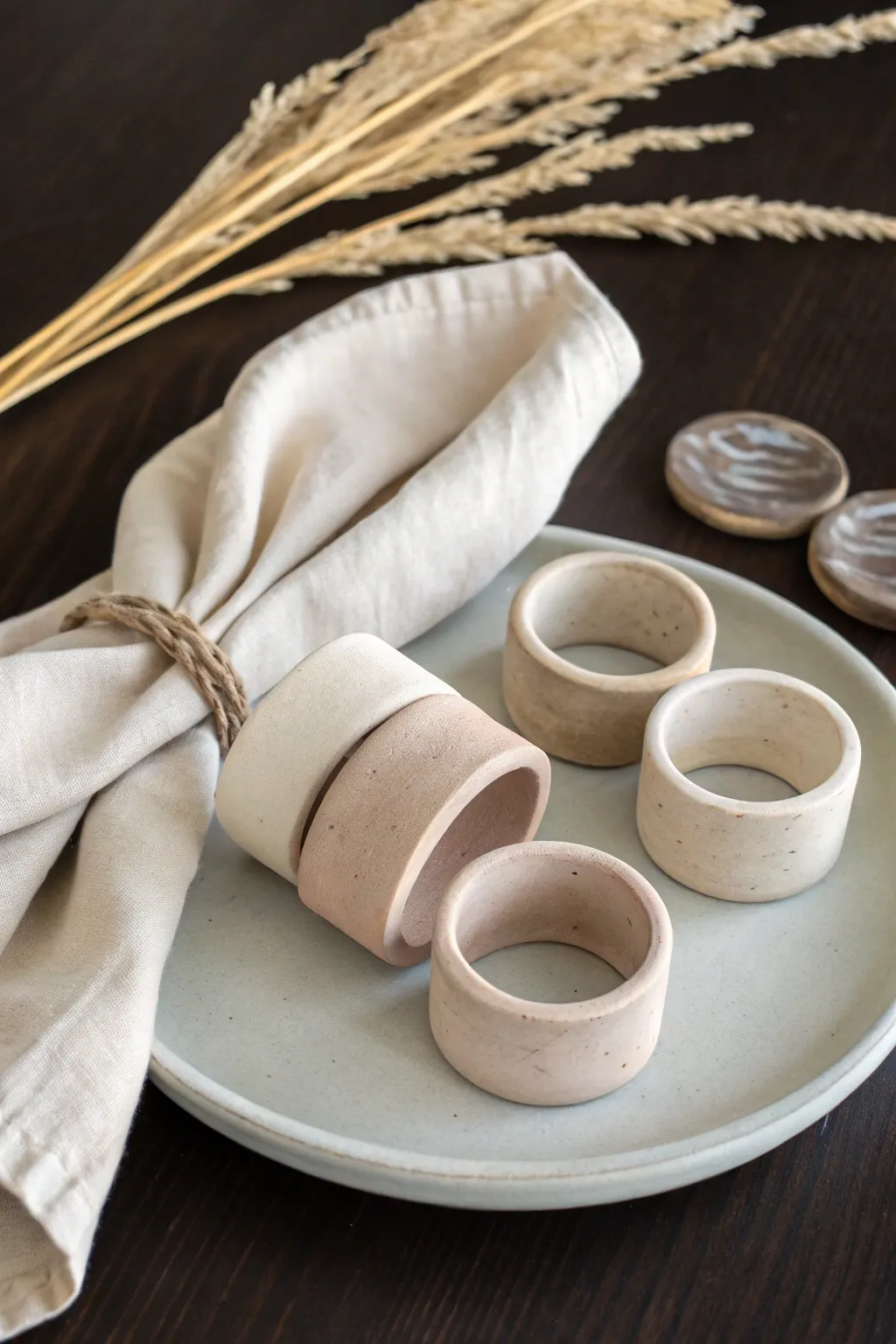 Neutral air dry clay napkin rings in muted tones for a minimal, cozy Scandinavian tablescape.